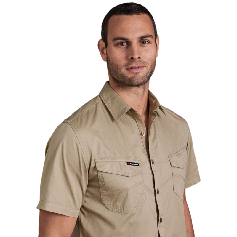 KingGee Men's Tradies Lightweiht Cotton Drill Short Sleeve Work Shirt - Khaki