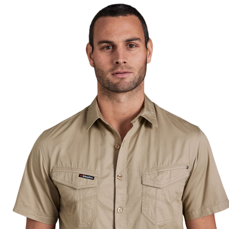 KingGee Men's Tradies Lightweiht Cotton Drill Short Sleeve Work Shirt - Khaki