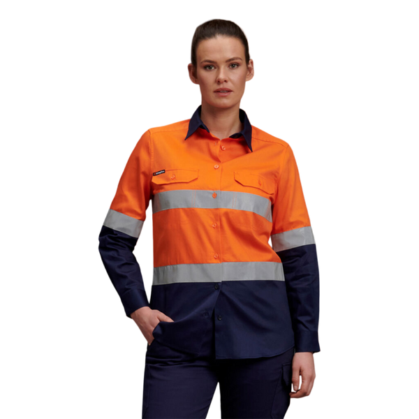 KingGee Women's Hi-Vis Reflective Long Sleeve Work Shirt - Orange/Navy