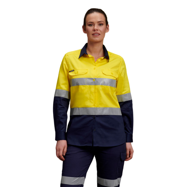 KingGee Women's Hi-Vis Reflective Long Sleeve Work Shirt - Yellow/Navy