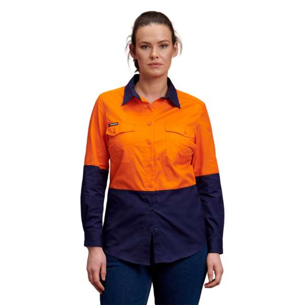 KingGee Women's Workcool 2 Hi-Vis Lightweight Work Shirt - Orange/Navy