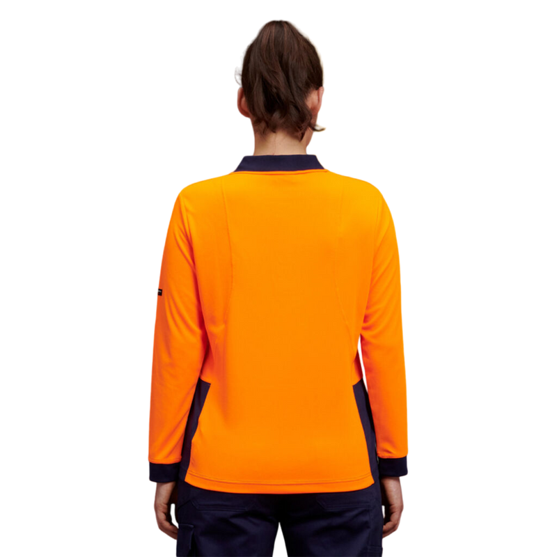 KingGee Women's Workcool Hyperfreeze Hi-Vis Long Sleeve Polo Shirt - Orange/Navy