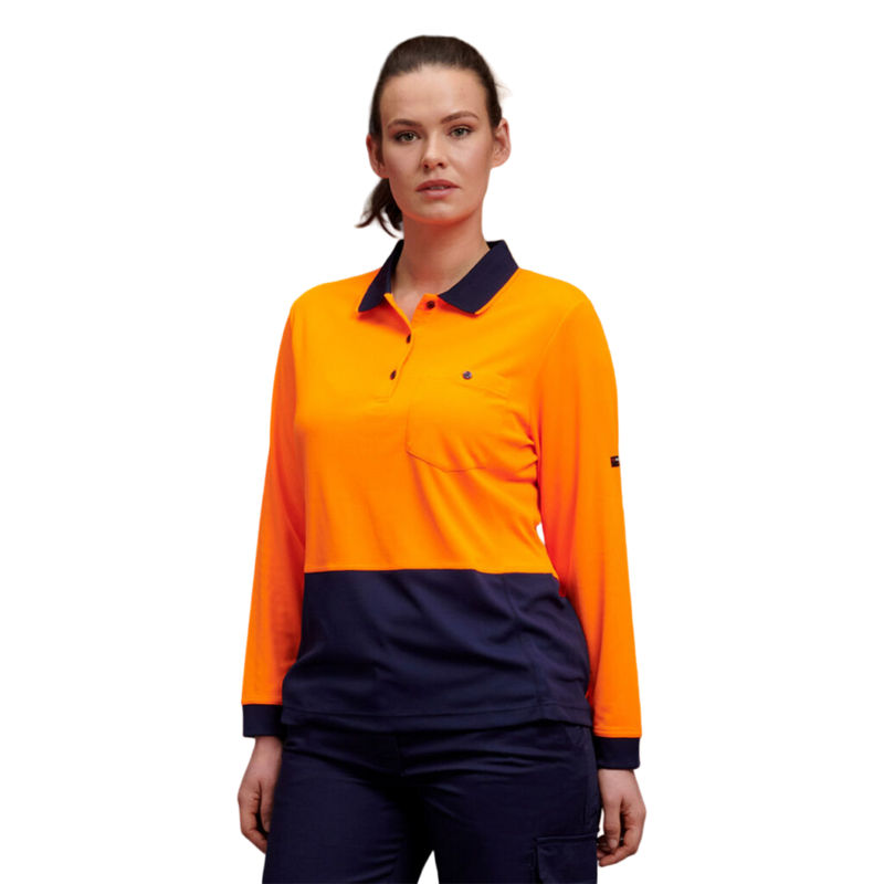 KingGee Women's Workcool Hyperfreeze Hi-Vis Long Sleeve Polo Shirt - Orange/Navy