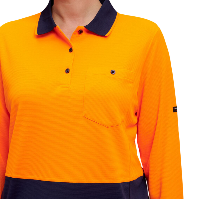 KingGee Women's Workcool Hyperfreeze Hi-Vis Long Sleeve Polo Shirt - Orange/Navy