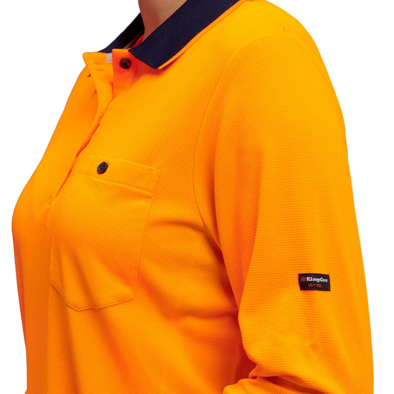 KingGee Women's Workcool Hyperfreeze Hi-Vis Long Sleeve Polo Shirt - Orange/Navy