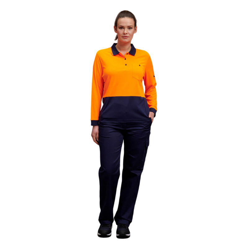 KingGee Women's Workcool Hyperfreeze Hi-Vis Long Sleeve Polo Shirt - Orange/Navy