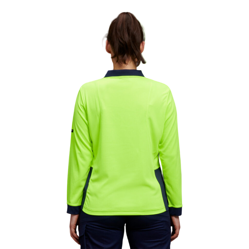 KingGee Women's Workcool Hyperfreeze Hi-Vis Long Sleeve Polo Shirt - Yellow/Navy