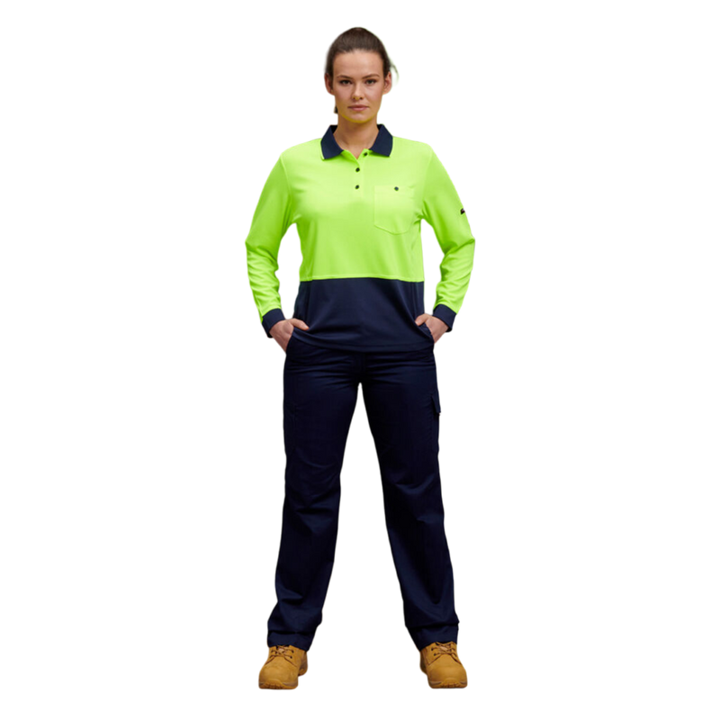 KingGee Women's Workcool Hyperfreeze Hi-Vis Long Sleeve Polo Shirt - Yellow/Navy