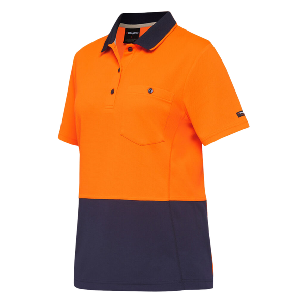 KingGee Women's Workcool Hyperfreeze Hi-Vis Short Sleeve Polo Shirt - Orange/Navy