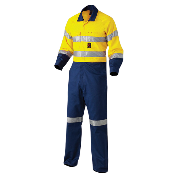 KingGee Men's Originals Hi-Vis Reflective Two Tone Drill Work Overalls - Yellow/Navy