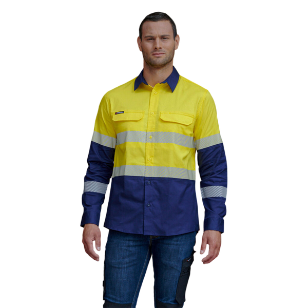 KingGee Men's Workcool Pro Hi-Vis Two Tone Stretch Reflective Work Shirt - Yellow/Navy