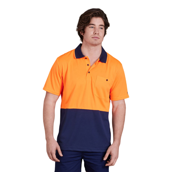 KingGee Men's Workcool Hyperfreeze Hi-Vis Two Tone Short Sleeve Polo Shirt - Orange/Navy