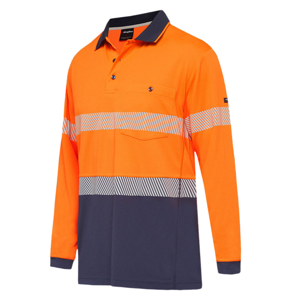 KingGee Men's Workcool Hyperfreeze Hi-Vis Reflective Long Sleeve Polo - Orange/Navy