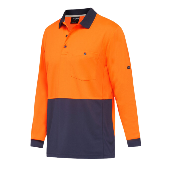 KingGee Men's Workcool Hyperfreeze Hi-Vis Two Tone Long Sleeve Polo Shirt - Orange/Navy