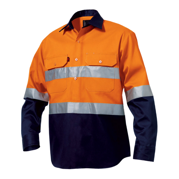 KingGee Men's Originals Hi-Vis Reflective Closed Front Long Sleeve Shirt - Orange/Navy