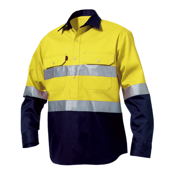 KingGee Men's Originals Hi-Vis Reflective Closed Front Long Sleeve Shirt - Yellow/Navy