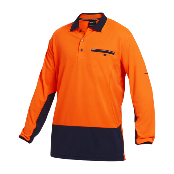 KingGee Men's Workcool Hyperfreeze Hi-Vis Lightweight Long Sleeve Polo - Orange/Navy