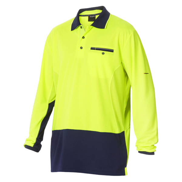 KingGee Men's Workcool Hyperfreeze Hi-Vis Lightweight Long Sleeve Polo - Yellow/Navy