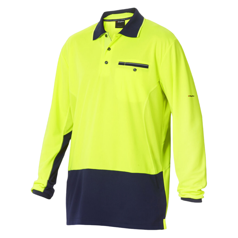 KingGee Men's Workcool Hyperfreeze Hi-Vis Lightweight Long Sleeve Polo - Yellow/Navy