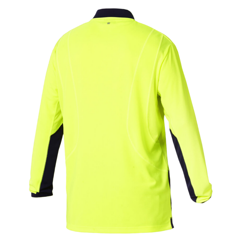 KingGee Men's Workcool Hyperfreeze Hi-Vis Lightweight Long Sleeve Polo - Yellow/Navy