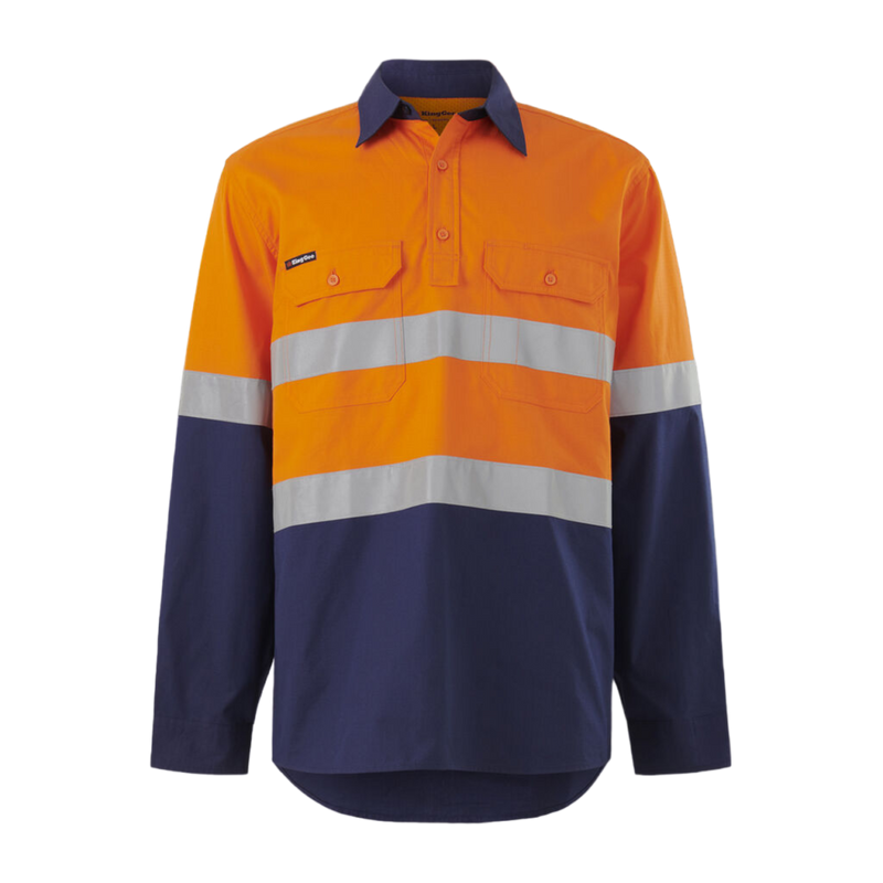 KingGee Men's Workcool Vented Closed Front Spliced Shirt Taped Long Sleeve - Orange/Navy