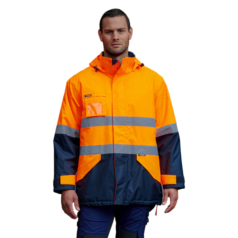 KingGee Men's Originals Waterproof Hi-Vis Reflective Lightweight Jacket - Orange/Navy