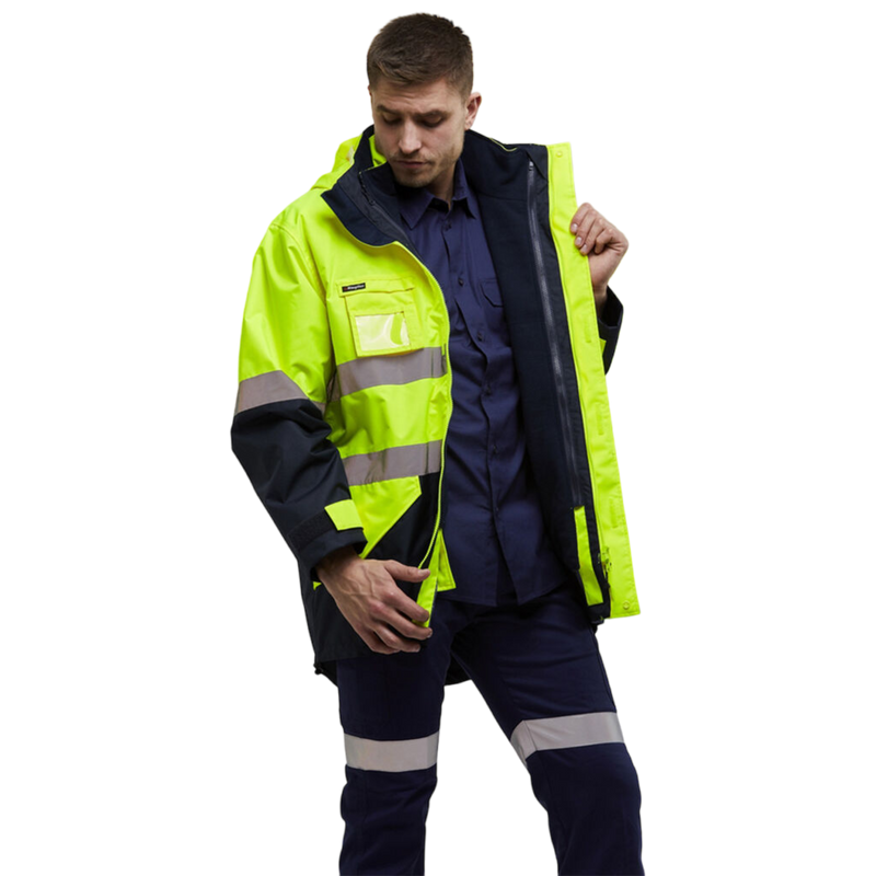 KingGee Men's Originals 4 In 1 Waterproof Hi-Vis Reflective Work Jacket - Yellow/Navy