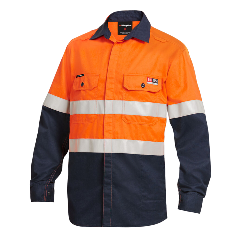 KingGee Men's Shieldtec Lenzing Fr Hi-Vis Spliced Open Front Taped Shirt - Orange/Navy