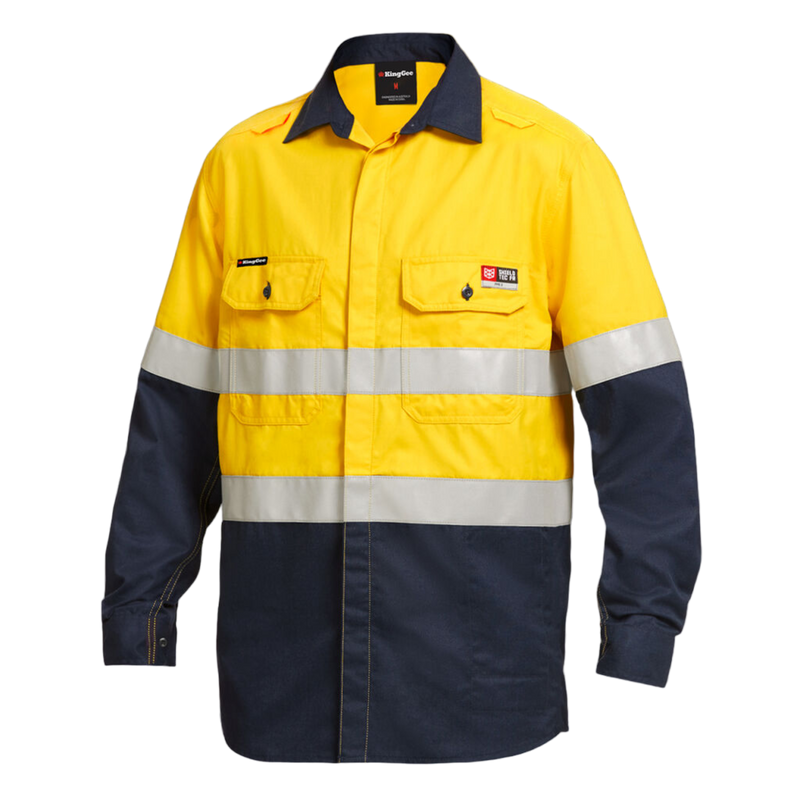 KingGee Men's Shieldtec Lenzing Fr Hi-Vis Spliced Open Front Taped Shirt - Yellow/Navy