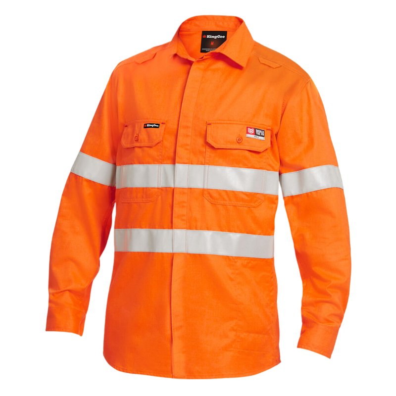 KingGee Men's Shieldtec Lenzing Fr Hi-Vis Spliced Open Front Taped Shirt - Orange