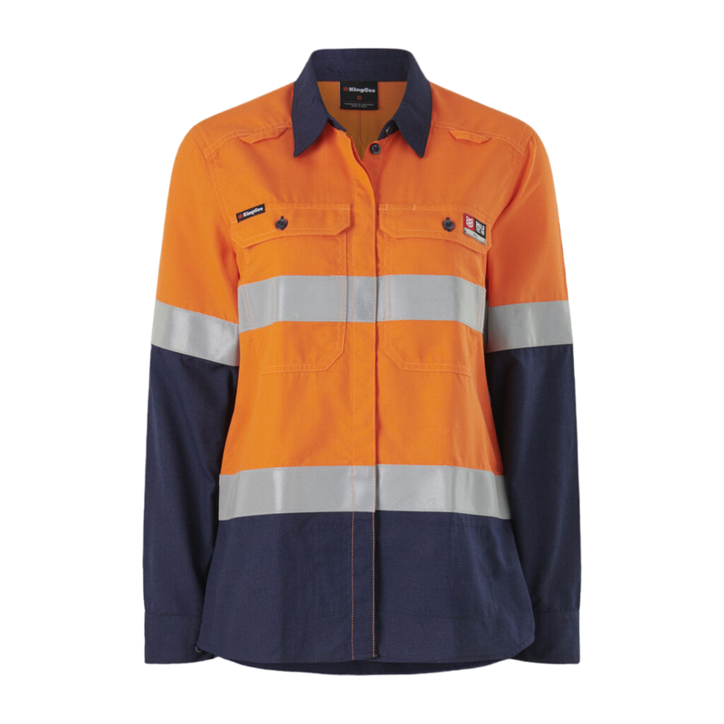 KingGee Women's Shieldtec Lenzing Fr Hi-Vis Spliced Open Front Taped Shirt - Orange/Navy