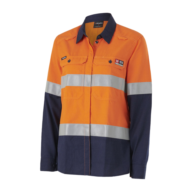 KingGee Women's Shieldtec Lenzing Fr Hi-Vis Spliced Open Front Taped Shirt - Orange/Navy