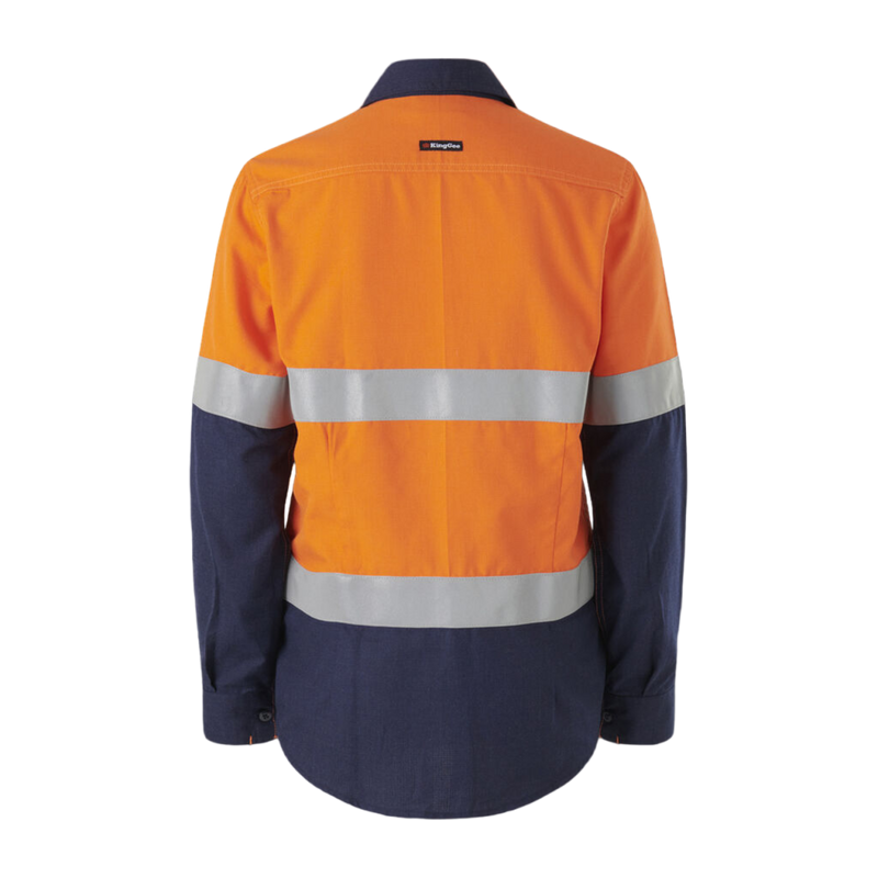 KingGee Women's Shieldtec Lenzing Fr Hi-Vis Spliced Open Front Taped Shirt - Orange/Navy