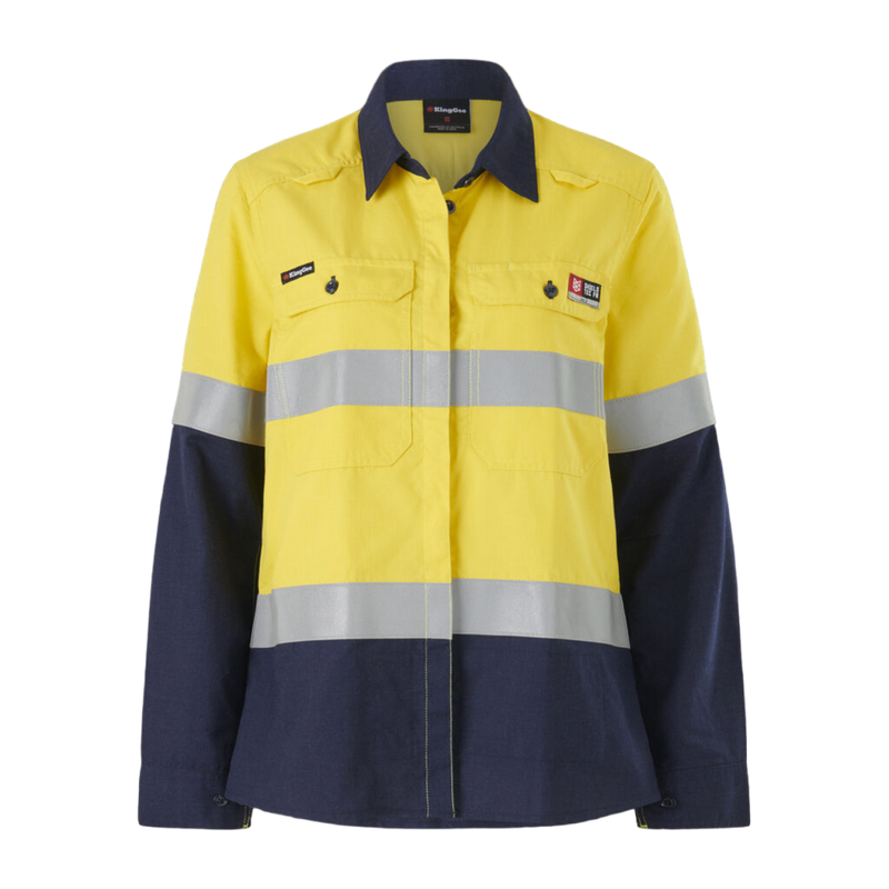 KingGee Women's Shieldtec Lenzing Fr Hi-Vis Spliced Open Front Taped Shirt - Yellow/Navy