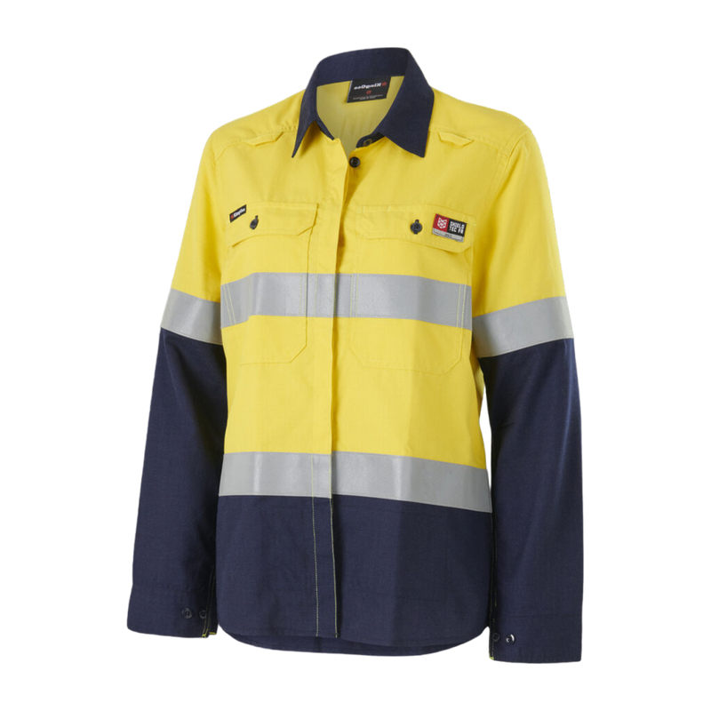 KingGee Women's Shieldtec Lenzing Fr Hi-Vis Spliced Open Front Taped Shirt - Yellow/Navy