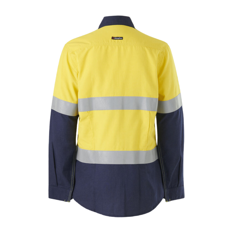 KingGee Women's Shieldtec Lenzing Fr Hi-Vis Spliced Open Front Taped Shirt - Yellow/Navy